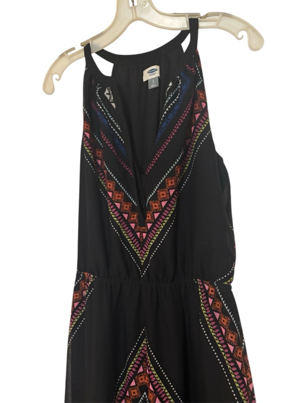 Old Navy Black Maxi Dress with Pink, Orange, Blue & Cream Geometric Print